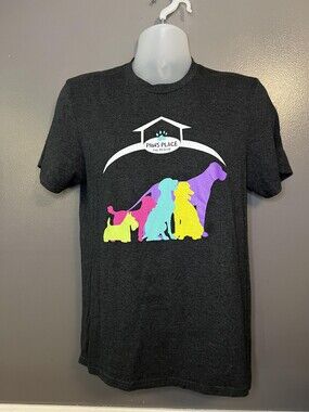 Paws Place Dog Rescue Shirt Mens Medium Gray Graphic Colorful Tee Animal Shelter